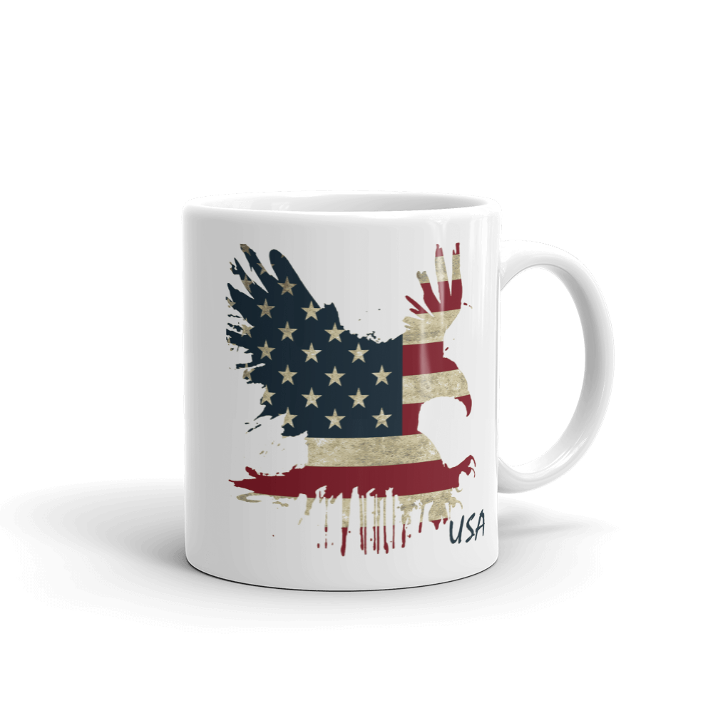 red white and blue stars and stripes on eagle landing image on tea mug