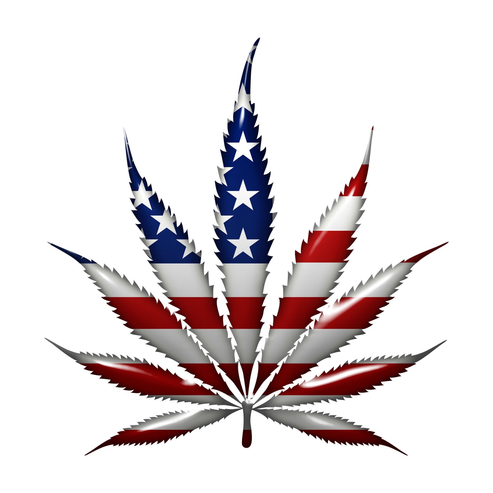 American flag printed on marijuana leaf red white and blue