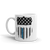 white coffee mug printed with black white and blue thin blue line badge design
